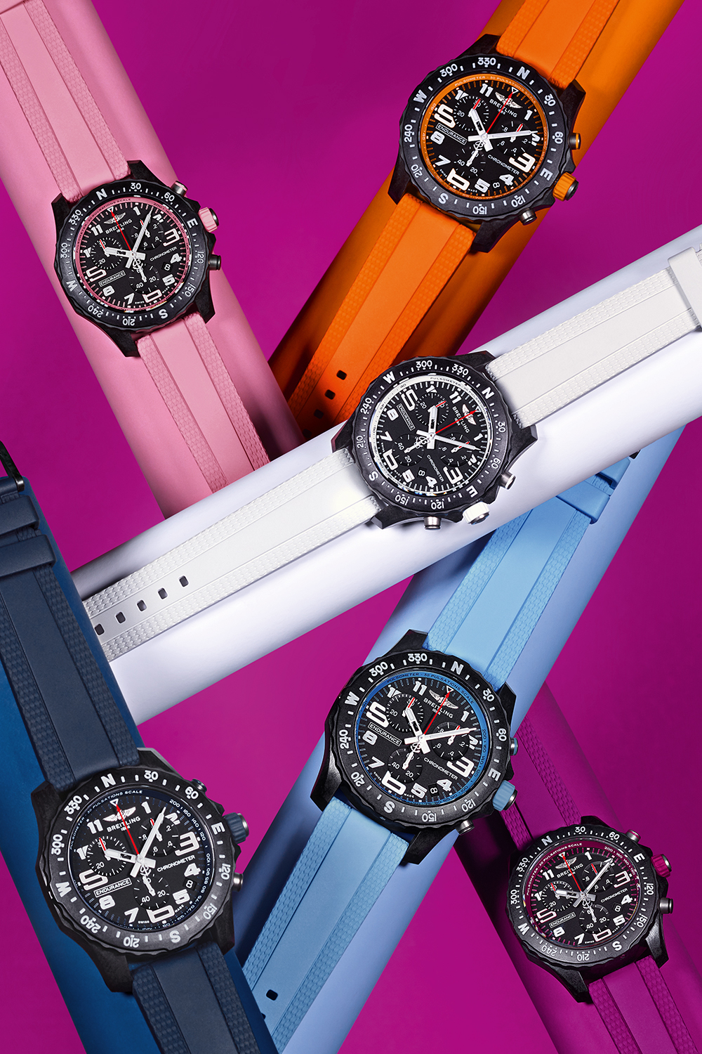 ピンク、オレンジ、ホワイト、ライトブルー、ダークブルー、パープルの6色のエンデュランス・プロ・ウォッチ。