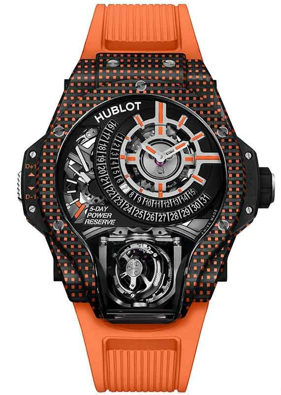HUBLOT MP 09 TOURBILLON BI-AXIS 5 DAYS POWER RESERVE ORANGE 3D CARBON ウブロ MP-09 トゥールビヨン バイ-アクシス 5デイズ パワーリザーブ オレンジ 3Dカーボン 909.QDO.1120.RX