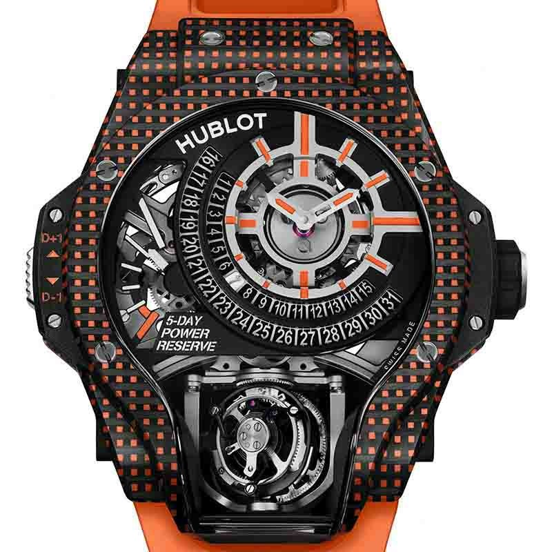 HUBLOT MP 09 TOURBILLON BI-AXIS 5 DAYS POWER RESERVE ORANGE 3D CARBON ウブロ MP-09 トゥールビヨン バイ-アクシス 5デイズ パワーリザーブ オレンジ 3Dカーボン 909.QDO.1120.RX